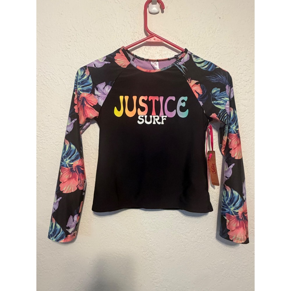Justice Girls Retro Surf Rash Guard Swim Top Black Floral UPF 50+ Size L 12/14